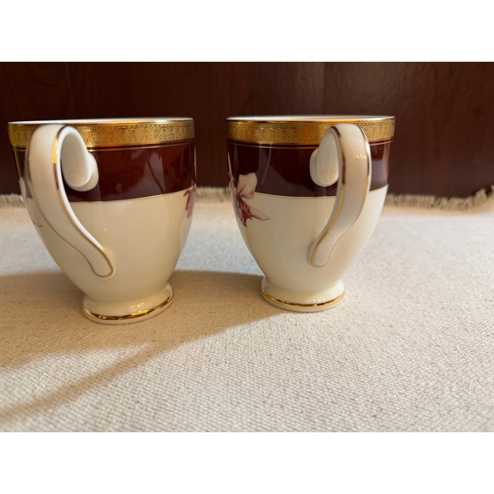 Mikasa Orchid Royal Fine China Tea Cup Set of 2 Burgundy Gold Floral - Picture 2 of 8